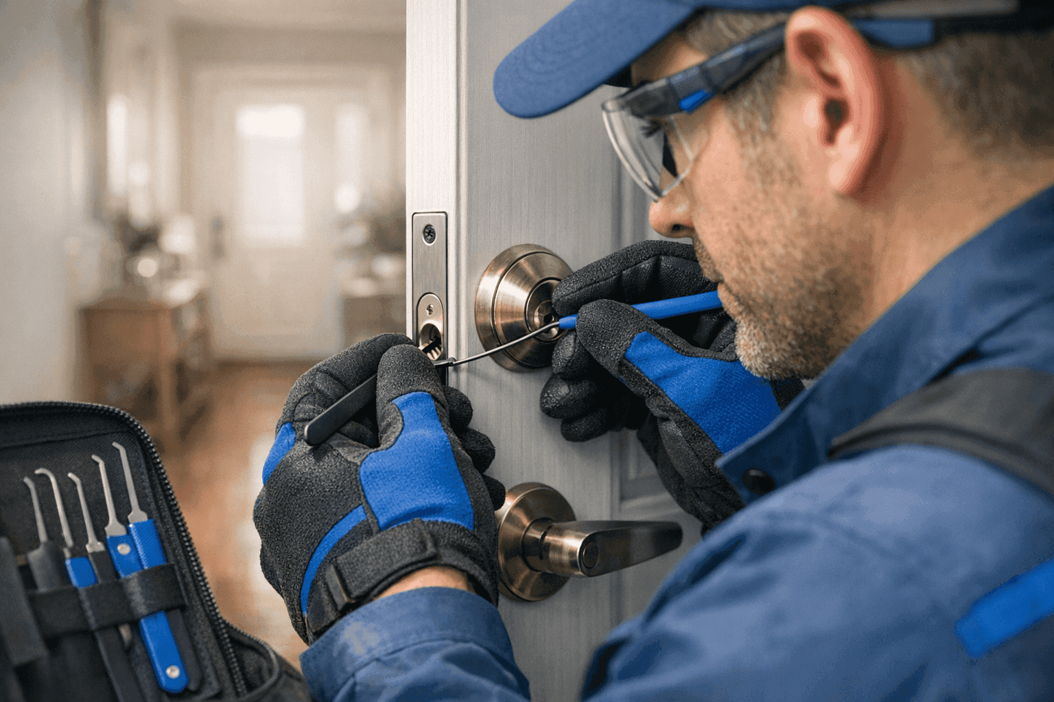 Professional locksmith wearing gloves and safety glasses working on a residential door lock.